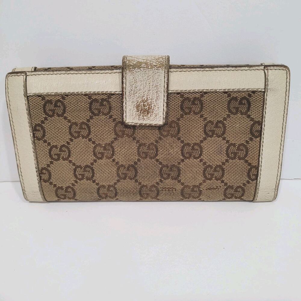 GUCCI Clutch Wallet Large Monogram Bifold White Beige Tan Vintage Designer Logo - Picture 2 of 13